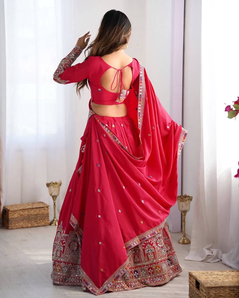 Pink  Sequin Silk Lehenga with Embroidered Blouse and Dupatta
