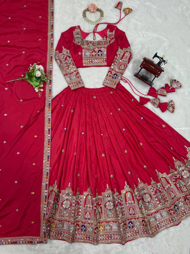 Pink  Sequin Silk Lehenga with Embroidered Blouse and Dupatta