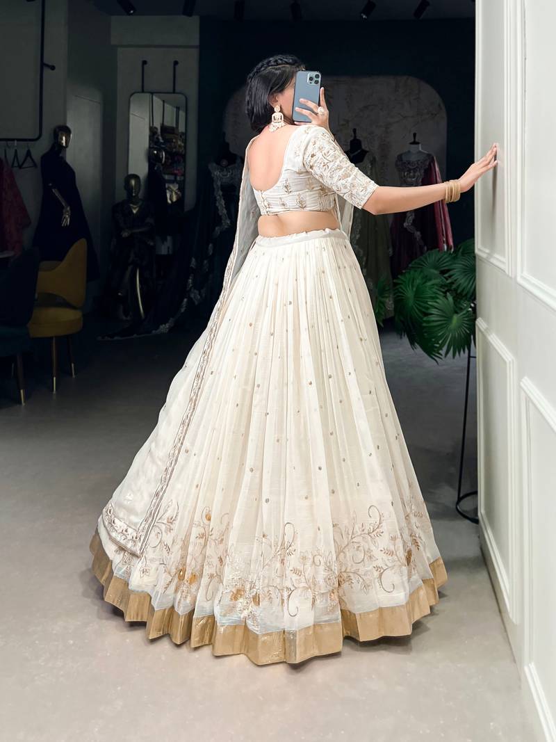 White Embroidered Semi Stitched Lehenga Choli for Women