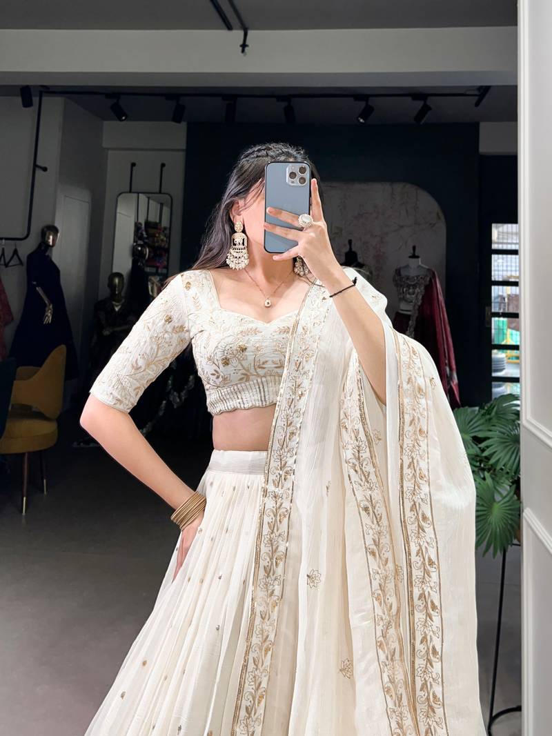White Embroidered Semi Stitched Lehenga Choli for Women