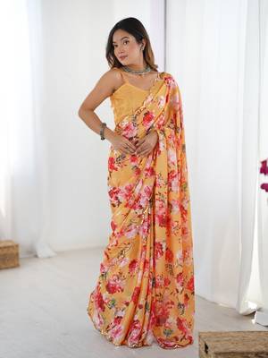 Orange printed chinon saree with border 1