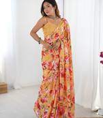 Orange printed chinon saree with border