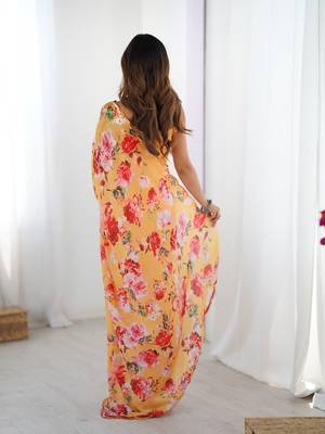 Orange printed chinon saree with border 2