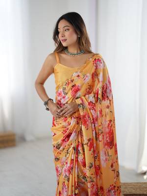 Orange printed chinon saree with border 3