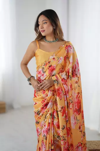 Orange printed chinon saree with border