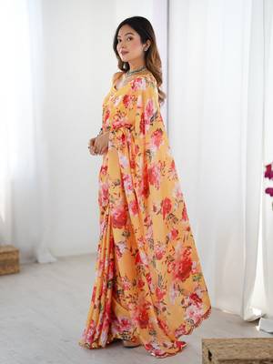 Orange printed chinon saree with border 4