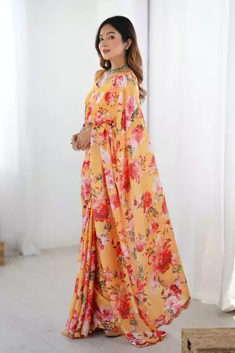 Orange printed chinon saree with border