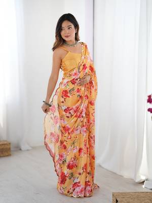 Orange printed chinon saree with border 5