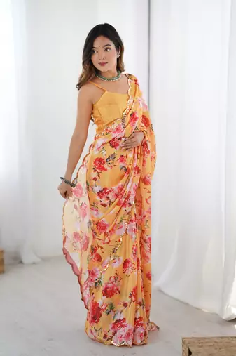Orange printed chinon saree with border