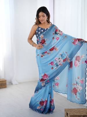 Blue printed chinon saree with border 1
