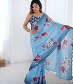 Blue printed chinon saree with border