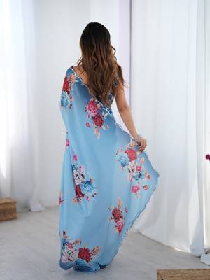 Blue printed chinon saree with border 2