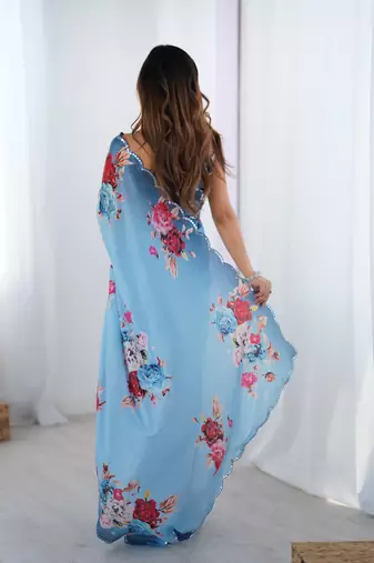 Blue printed chinon saree with border