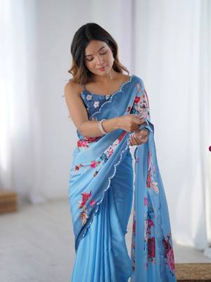 Blue printed chinon saree with border 3