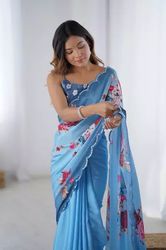 Blue printed chinon saree with border