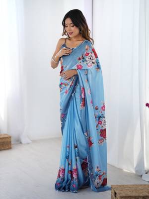 Blue printed chinon saree with border 4