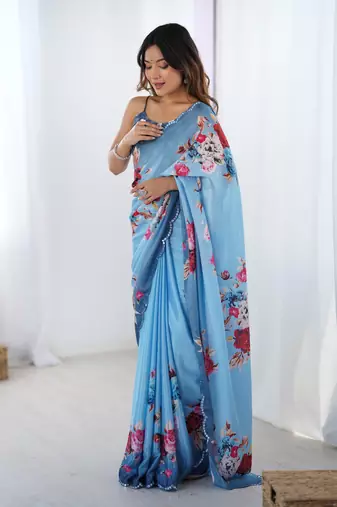 Blue printed chinon saree with border