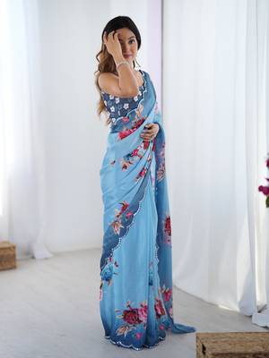 Blue printed chinon saree with border 5
