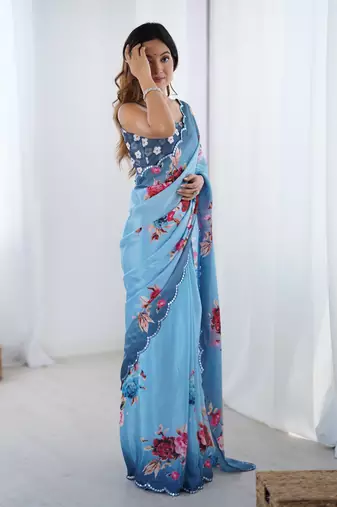 Blue printed chinon saree with border