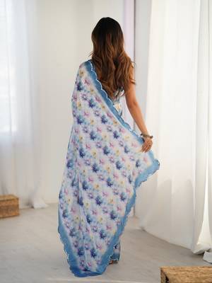 Blue printed chinon saree with border 2