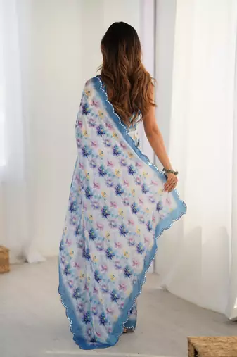 Blue printed chinon saree with border