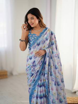 Blue printed chinon saree with border 3