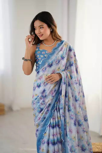 Blue printed chinon saree with border