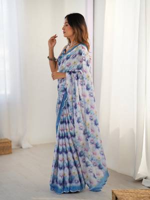 Blue printed chinon saree with border 4