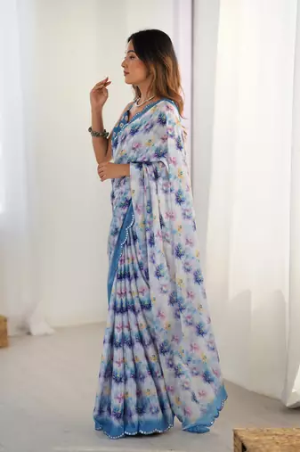 Blue printed chinon saree with border