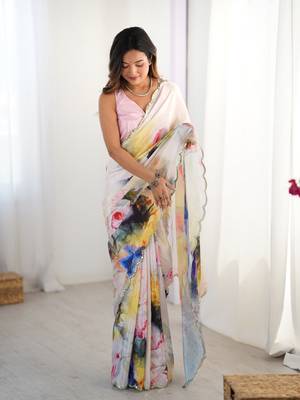 Multi printed chinon saree with border 1