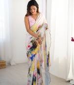Multi printed chinon saree with border