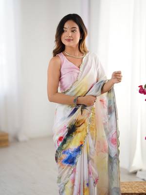 Multi printed chinon saree with border 3