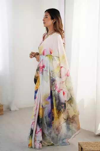 Multi printed chinon saree with border