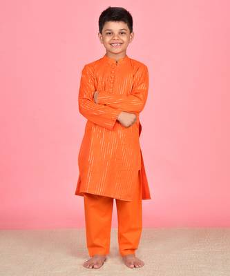 Orange cotton woven boys kurta pyjama 2