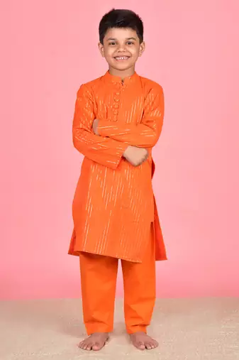 Orange cotton woven boys kurta pyjama