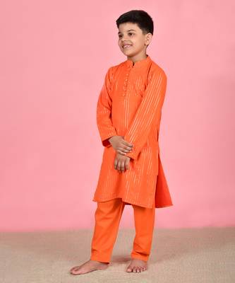 Orange cotton woven boys kurta pyjama 4
