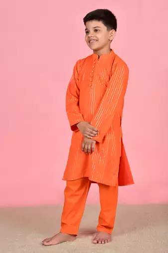 Orange cotton woven boys kurta pyjama
