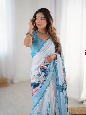 Blue chinon printed saree 3