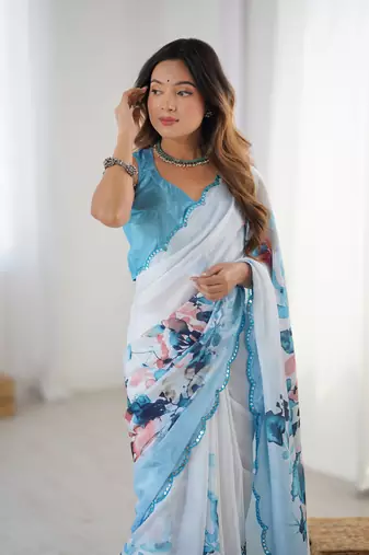 Blue chinon printed saree