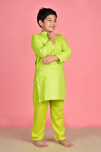 Green cotton woven boys kurta pyjama
