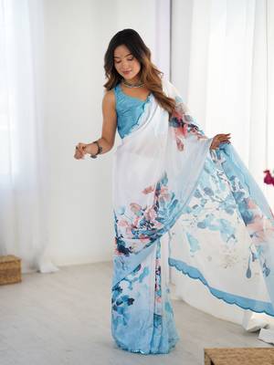 Blue chinon printed saree 4
