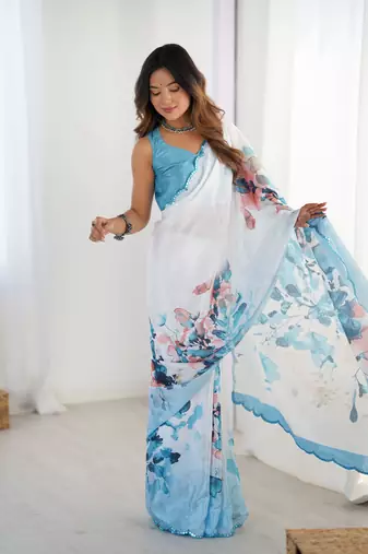 Blue chinon printed saree