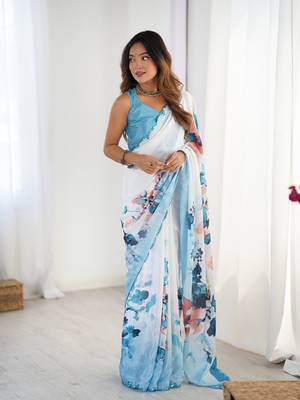 Blue chinon printed saree 5