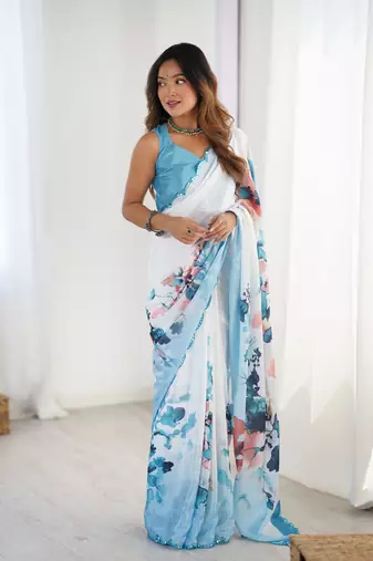 Blue chinon printed saree
