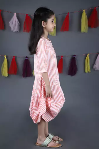 Peach cotton woven dress for girls