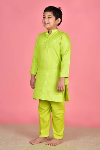 Green cotton woven boys kurta pyjama