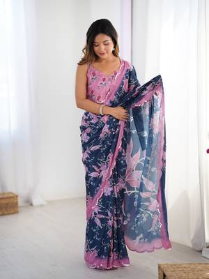 Blue chinon printed saree 1