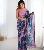 Blue chinon printed saree