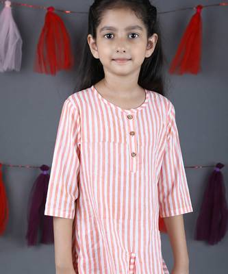 Peach cotton woven dress for girls 4