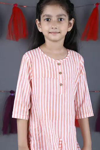 Peach cotton woven dress for girls